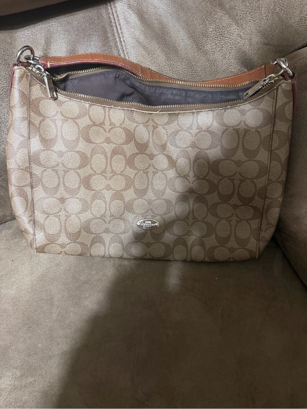 Coach Tan Signature Canvas Shoulder Bag with Leather Trim